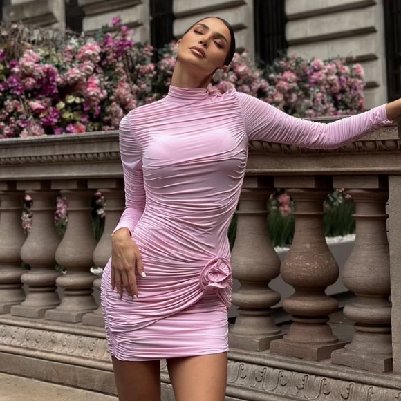 NWT H&M X Magda Butrym Rose-Appliquéd Mock Turtleneck Dress - Picture 2 of 16